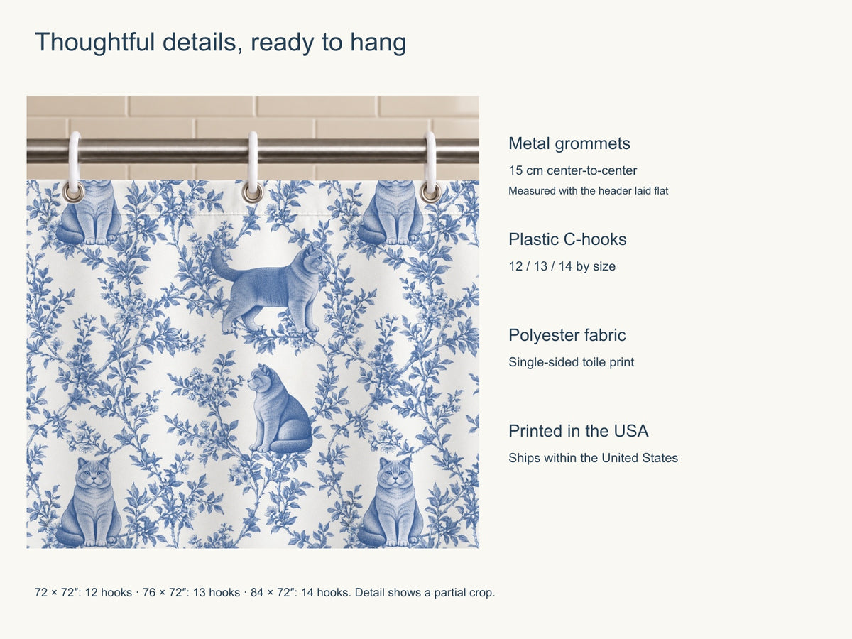British Shorthair toile shower curtain — Blue Product Features