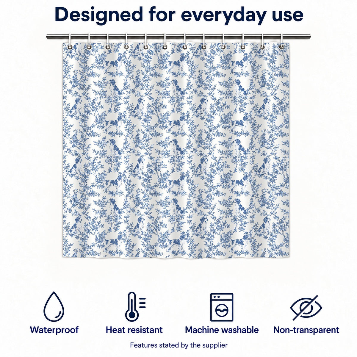 Brittany toile shower curtain — Blue Functions and Size