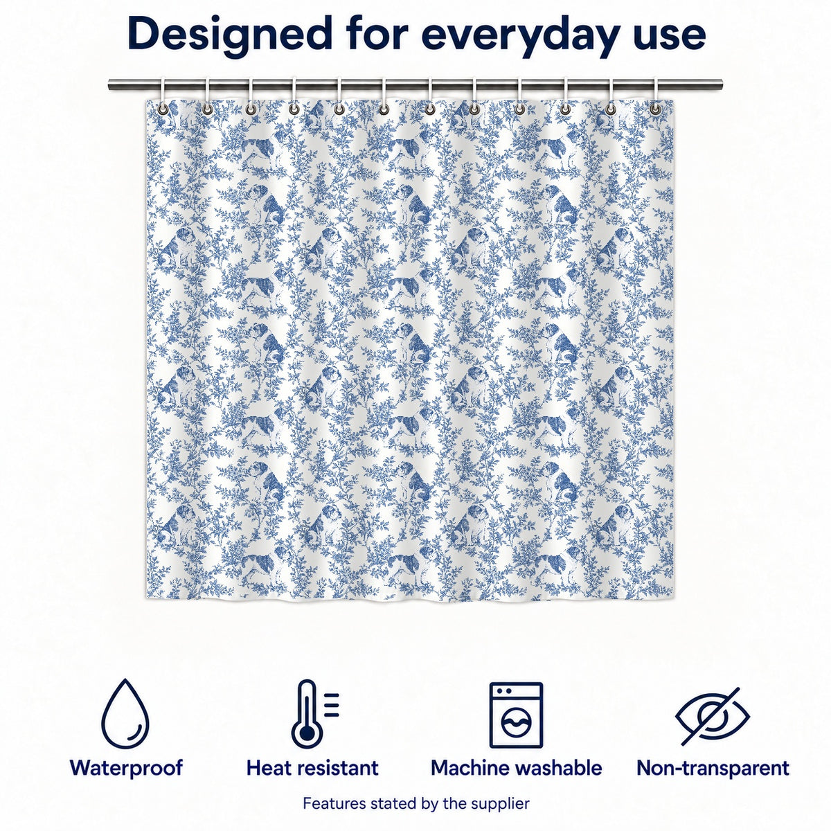 Bulldog toile shower curtain — Blue Functions and Size