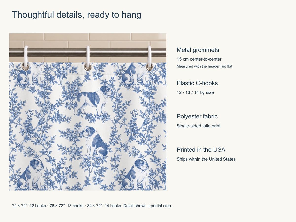 Bulldog toile shower curtain — Blue Product Features