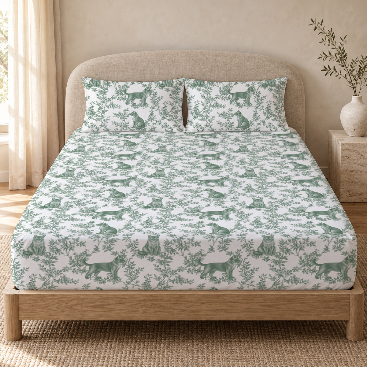 Burmese toile bedding in Green — Queen Bedroom