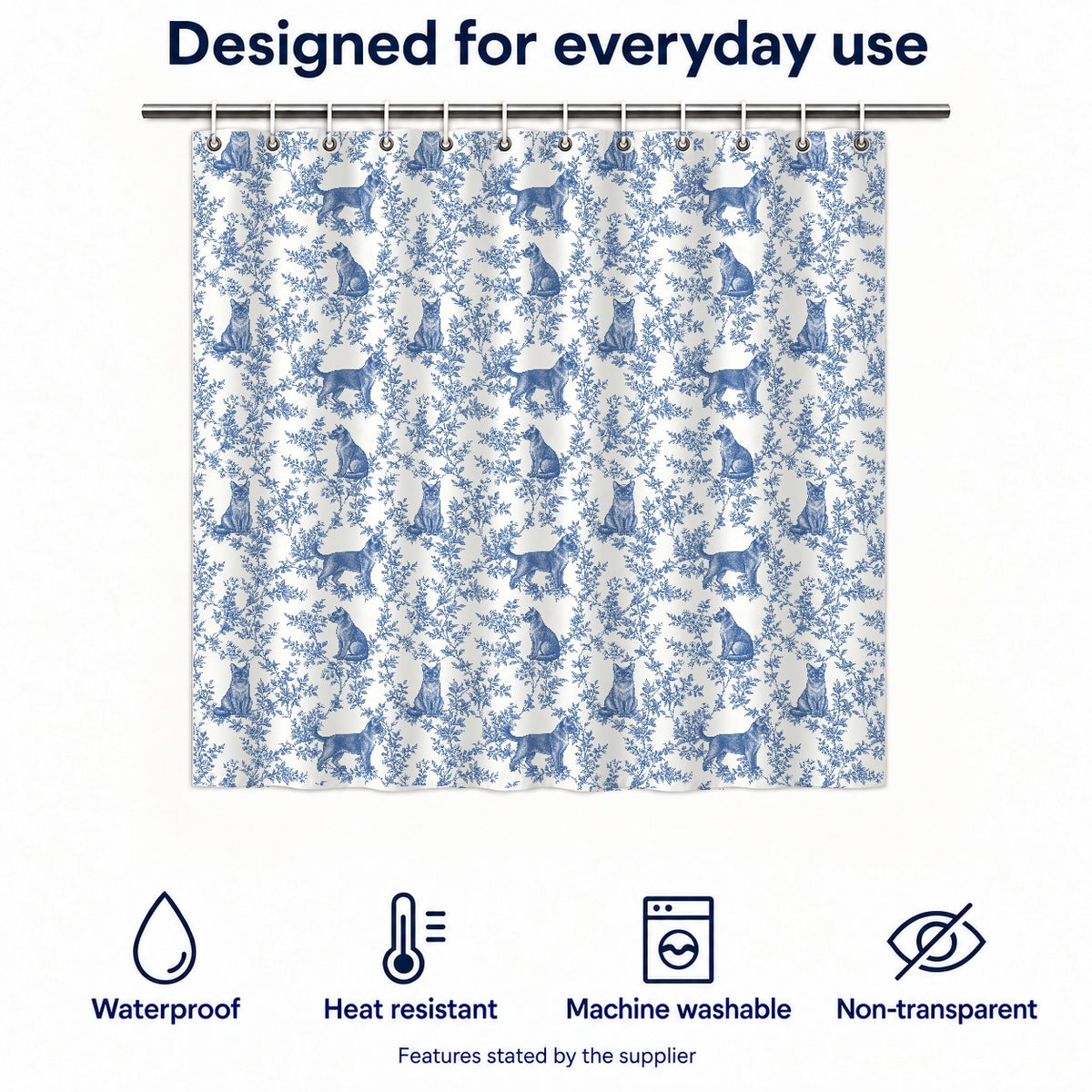 Burmese toile shower curtain — Blue Functions and Size