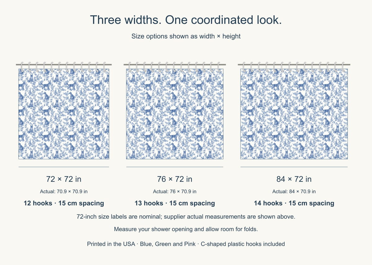 Burmese toile shower curtain — Blue US Size Comparison