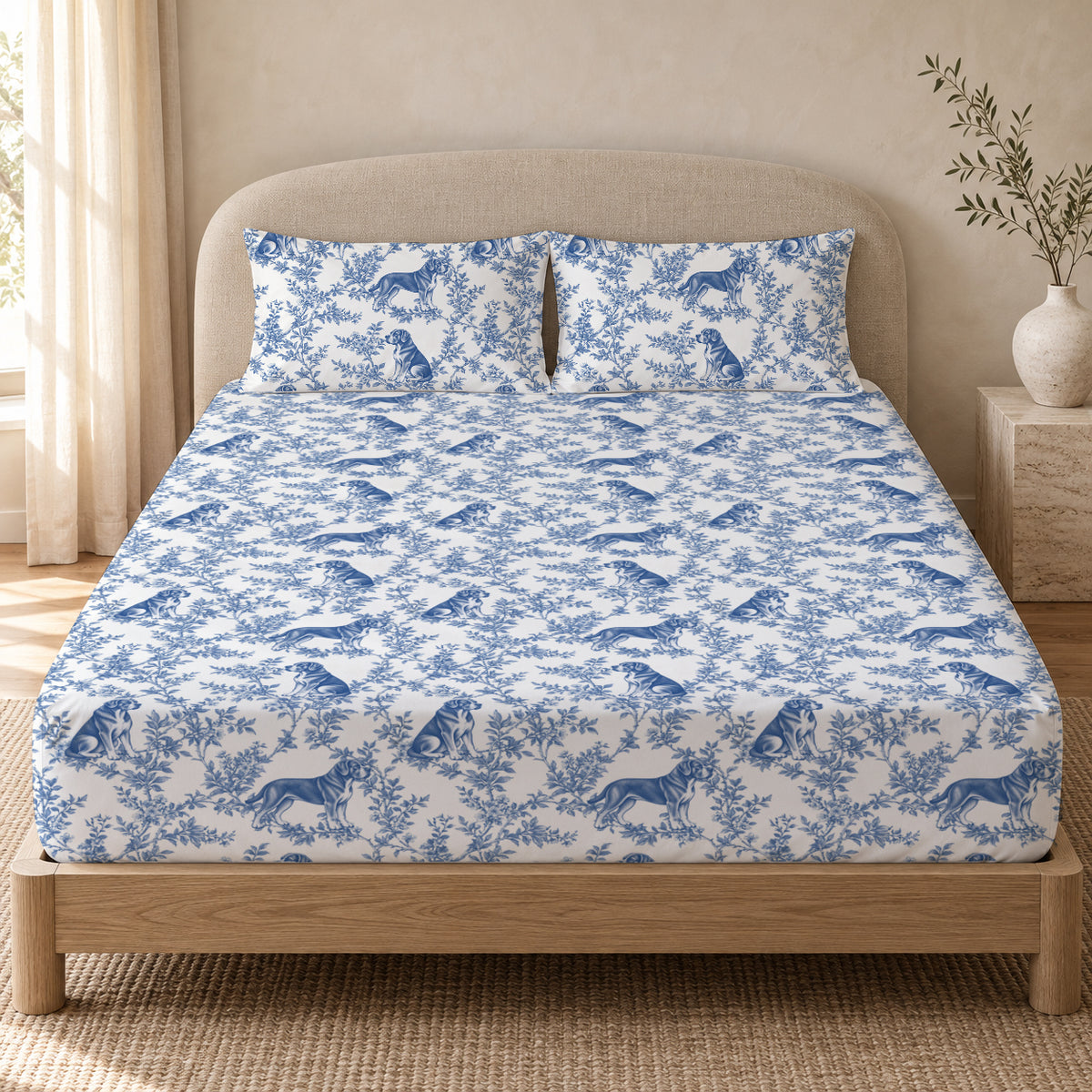 Cane Corso toile bedding in Blue — Queen Bedroom