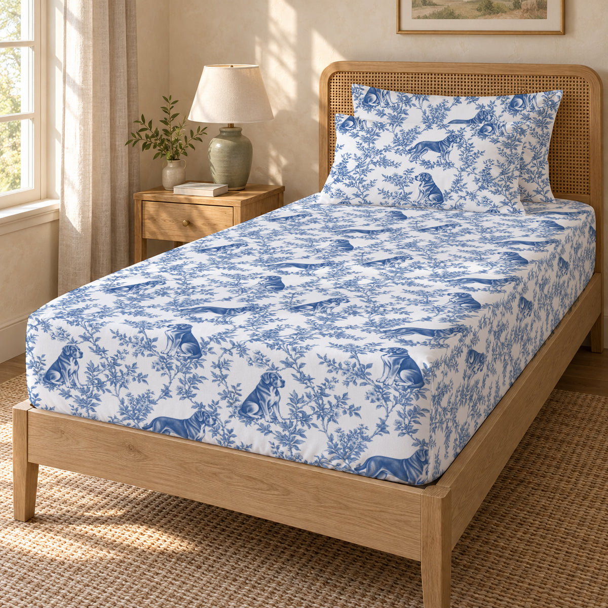 Cane Corso toile bedding in Blue — Twin Guest Room