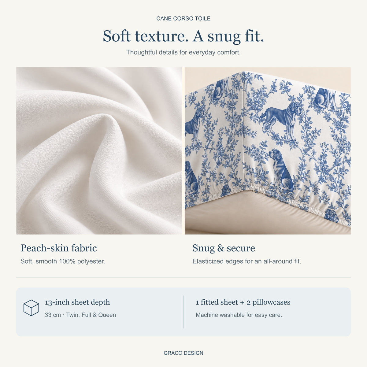 Cane Corso toile bedding — peach-skin fabric and gathered elastic hem detail