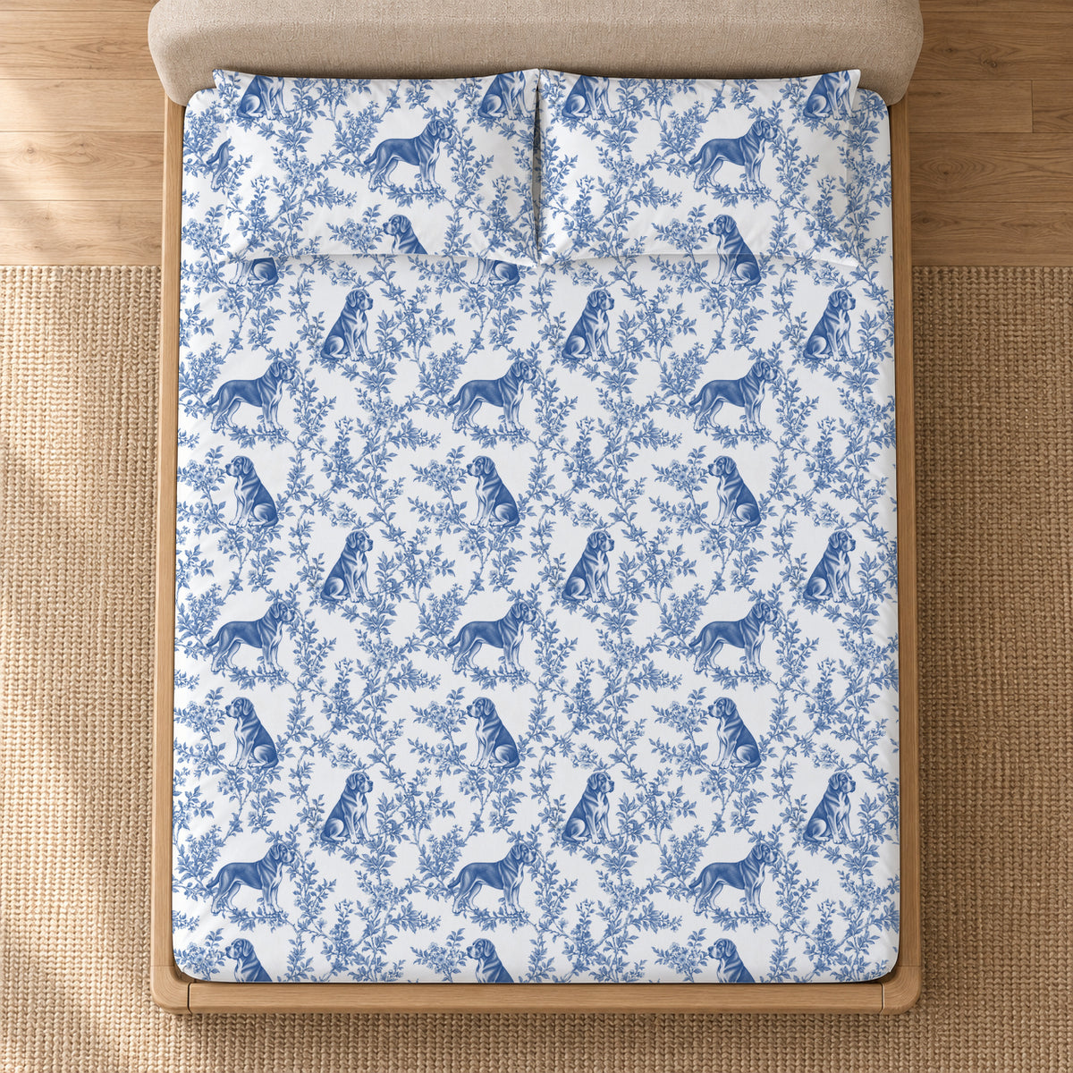 Cane Corso toile bedding in Blue — Overhead