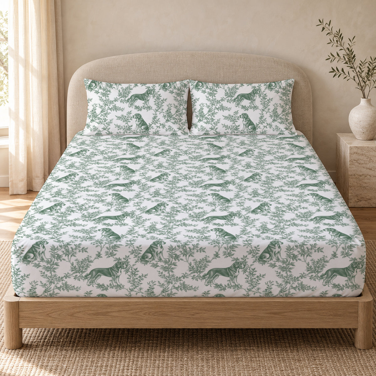 Cane Corso toile bedding in Green — Queen Bedroom