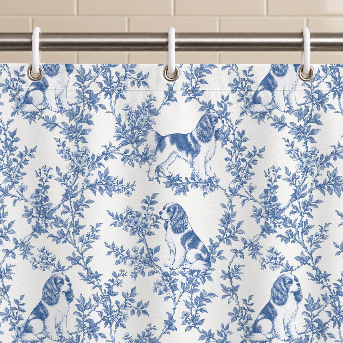 Cavalier King Charles Spaniel toile shower curtain — Blue Grommets and Hooks