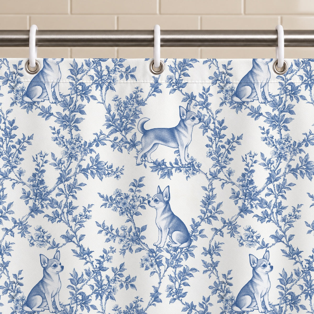 Chihuahua toile shower curtain — Blue Grommets and Hooks
