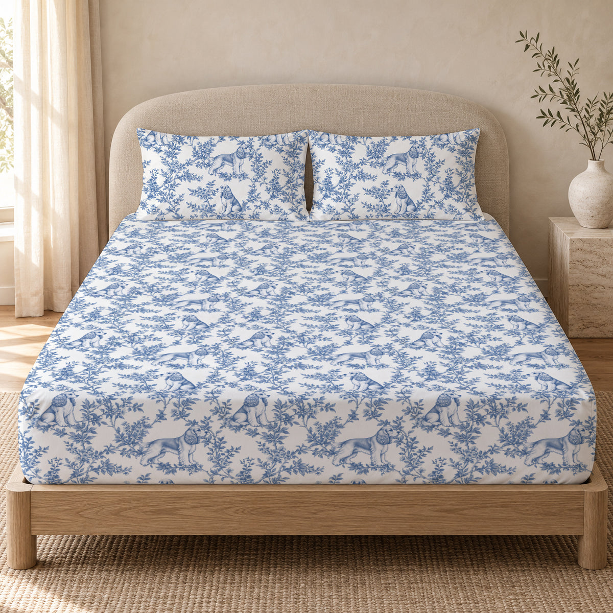 Cocker Spaniel toile bedding in Blue — Queen Bedroom