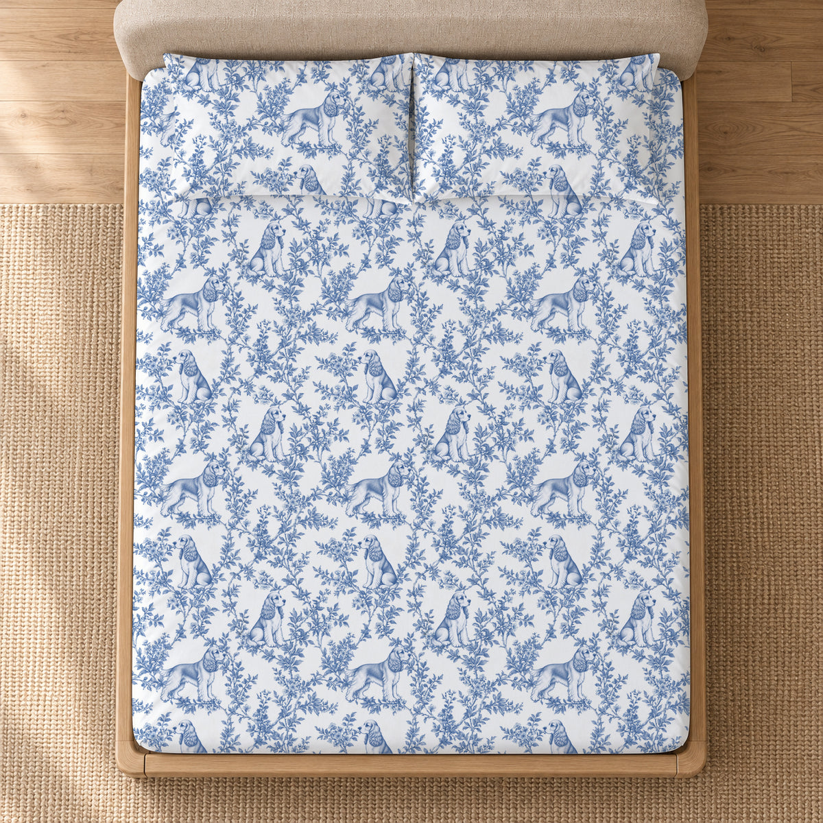 Cocker Spaniel toile bedding in Blue — Overhead