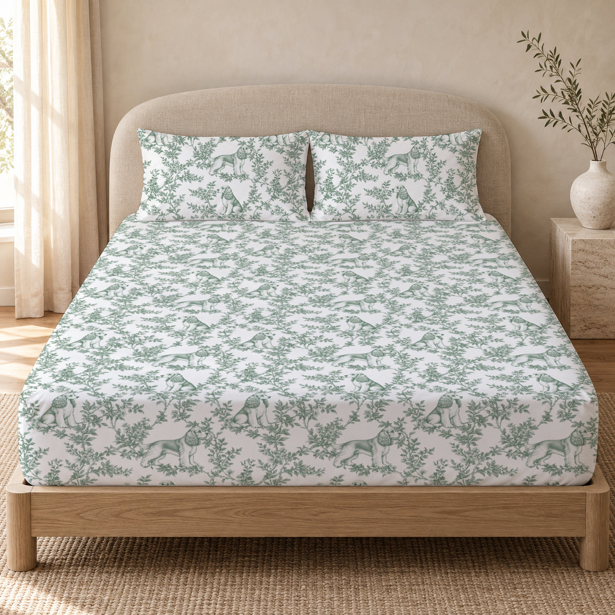 Cocker Spaniel toile bedding in Green — Queen Bedroom