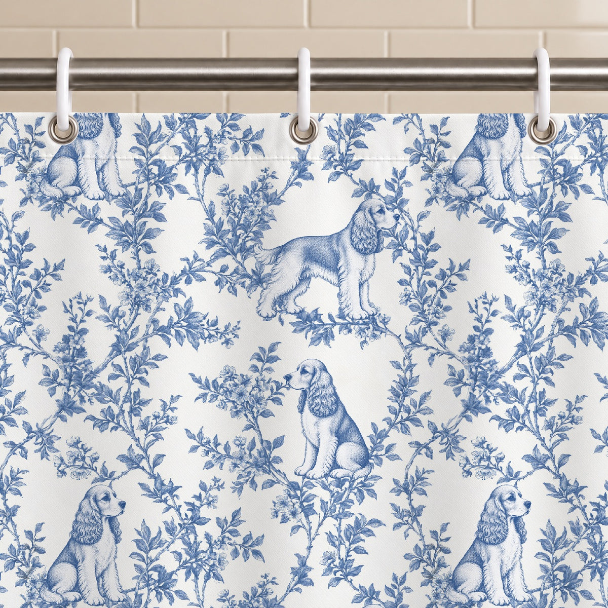 Cocker Spaniel toile shower curtain — Blue Grommets and Hooks