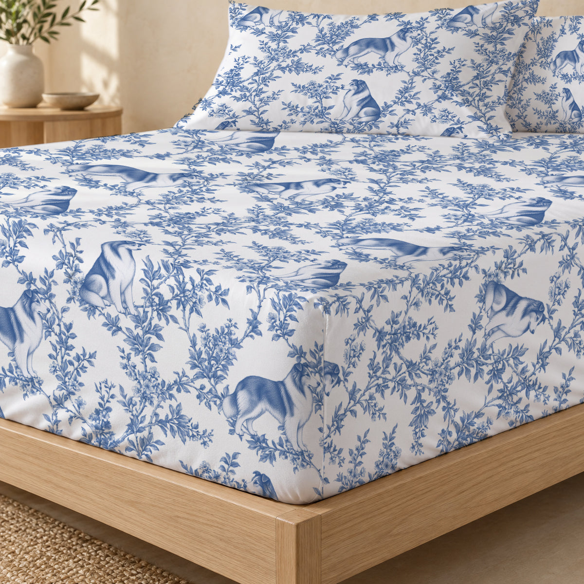 Collie toile bedding in Blue — Fitted Corner