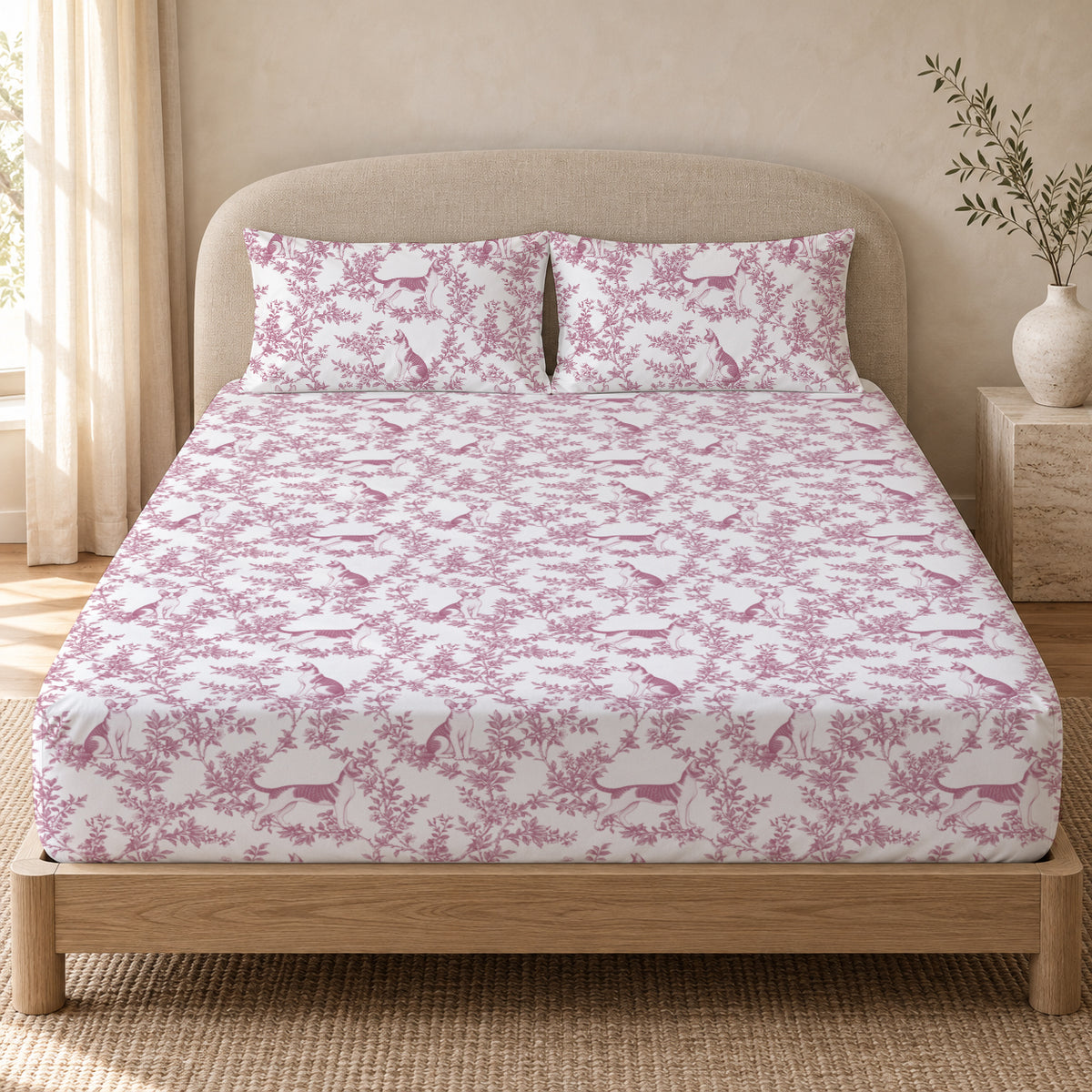 Cornish Rex toile bedding in Pink — Queen Bedroom