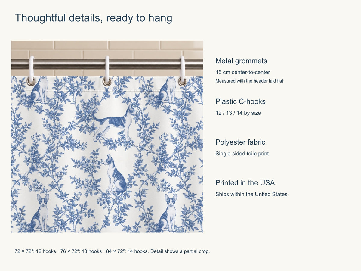 Cornish Rex toile shower curtain — Blue Product Features