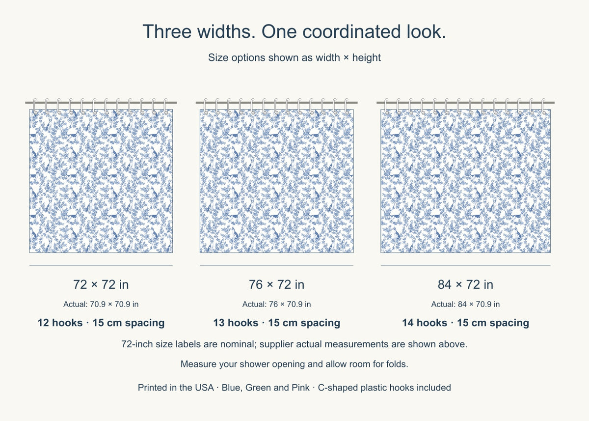 Cornish Rex toile shower curtain — Blue US Size Comparison