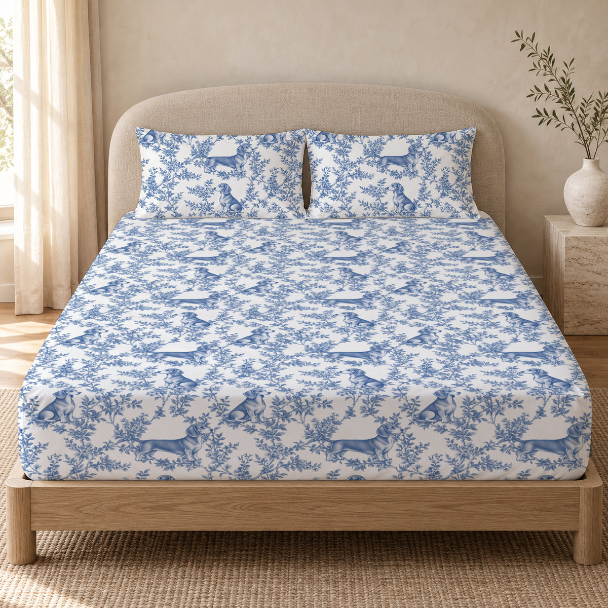 Dachshund toile bedding in Blue — Queen Bedroom