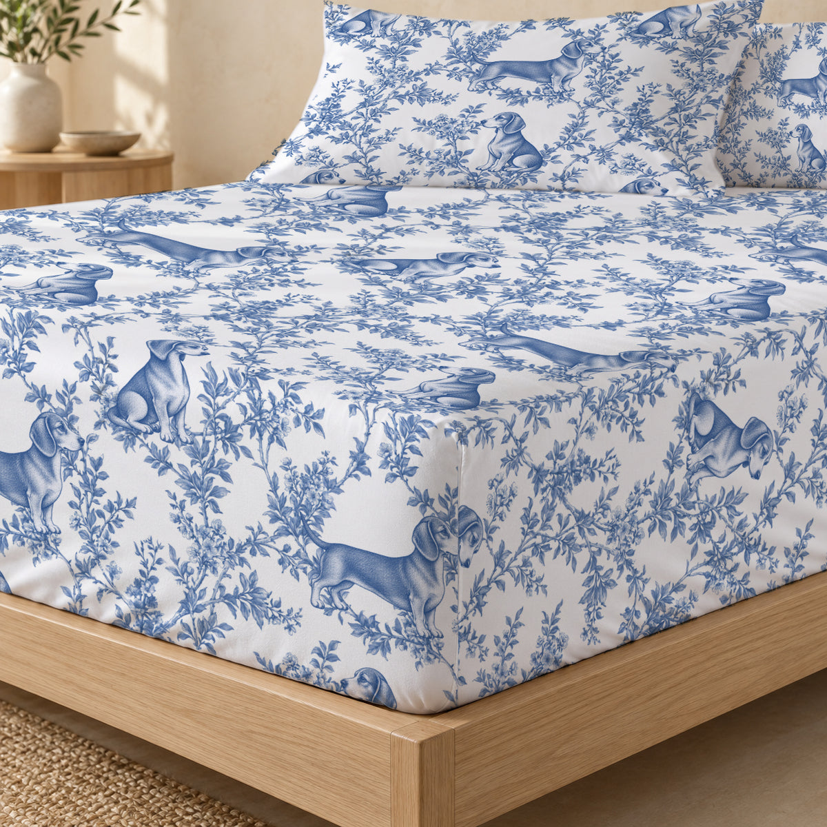 Dachshund toile bedding in Blue — Fitted Corner