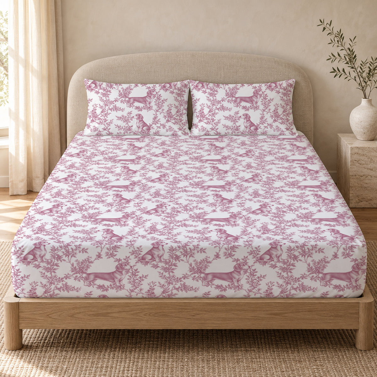 Dachshund toile bedding in Pink — Queen Bedroom