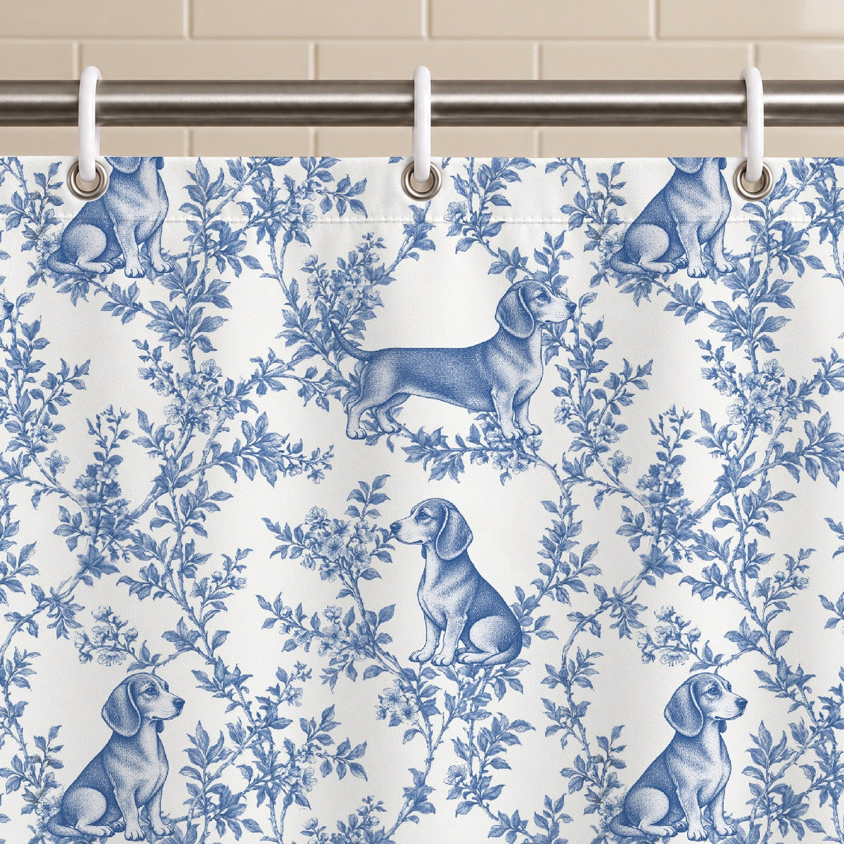 Dachshund toile shower curtain — Blue Grommets and Hooks