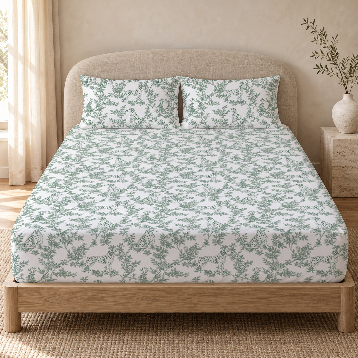 Dalmatian toile bedding in Green — Queen Bedroom