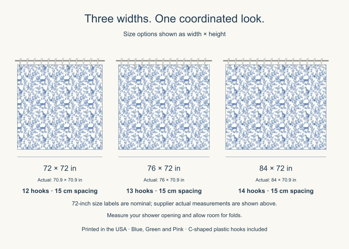 Devon Rex toile shower curtain — Blue US Size Comparison