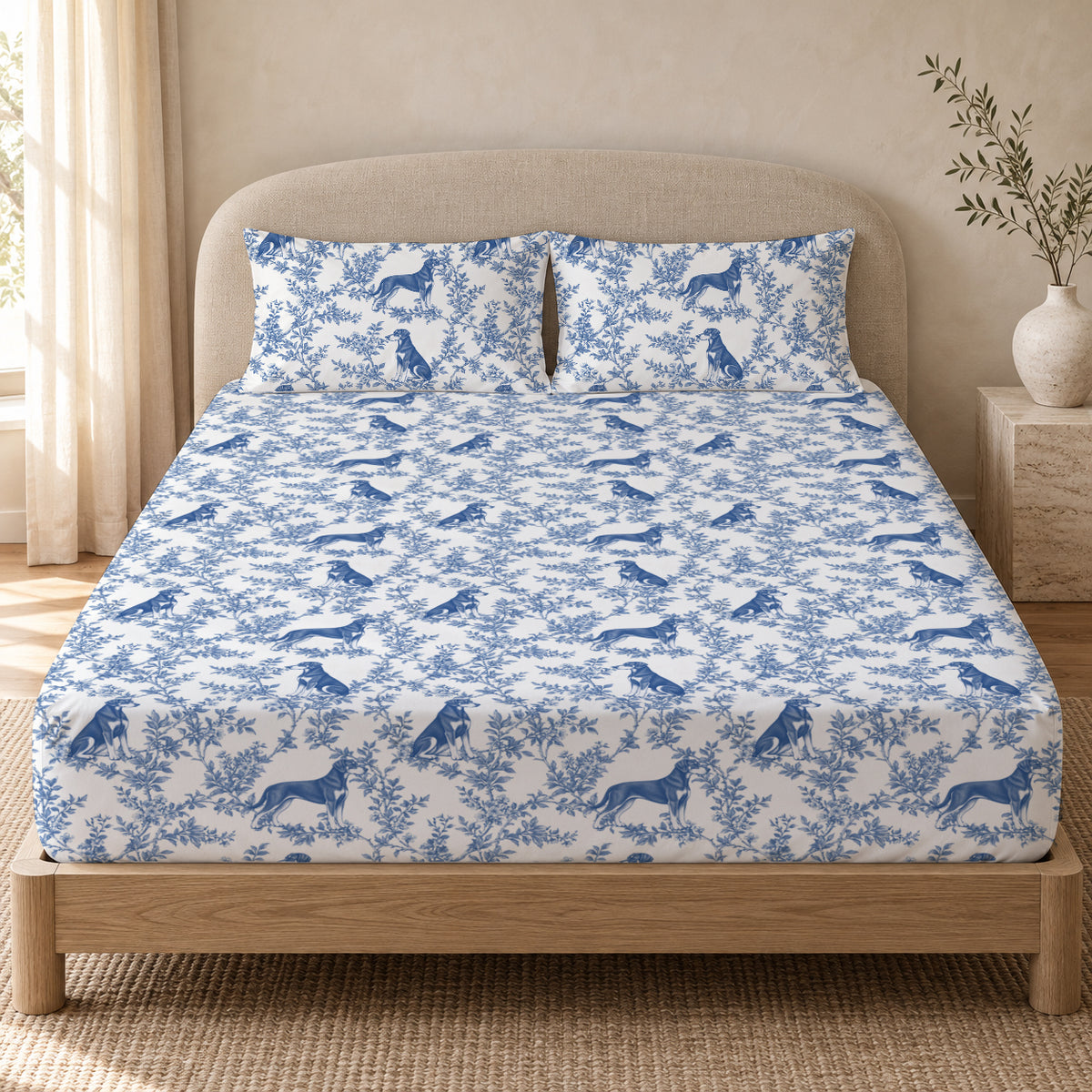 Doberman Pinscher toile bedding in Blue — Queen Bedroom