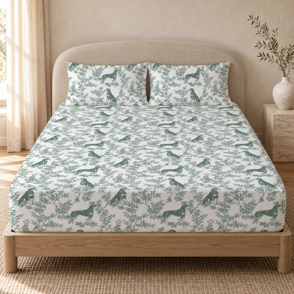 Doberman Pinscher toile bedding in Green — Queen Bedroom