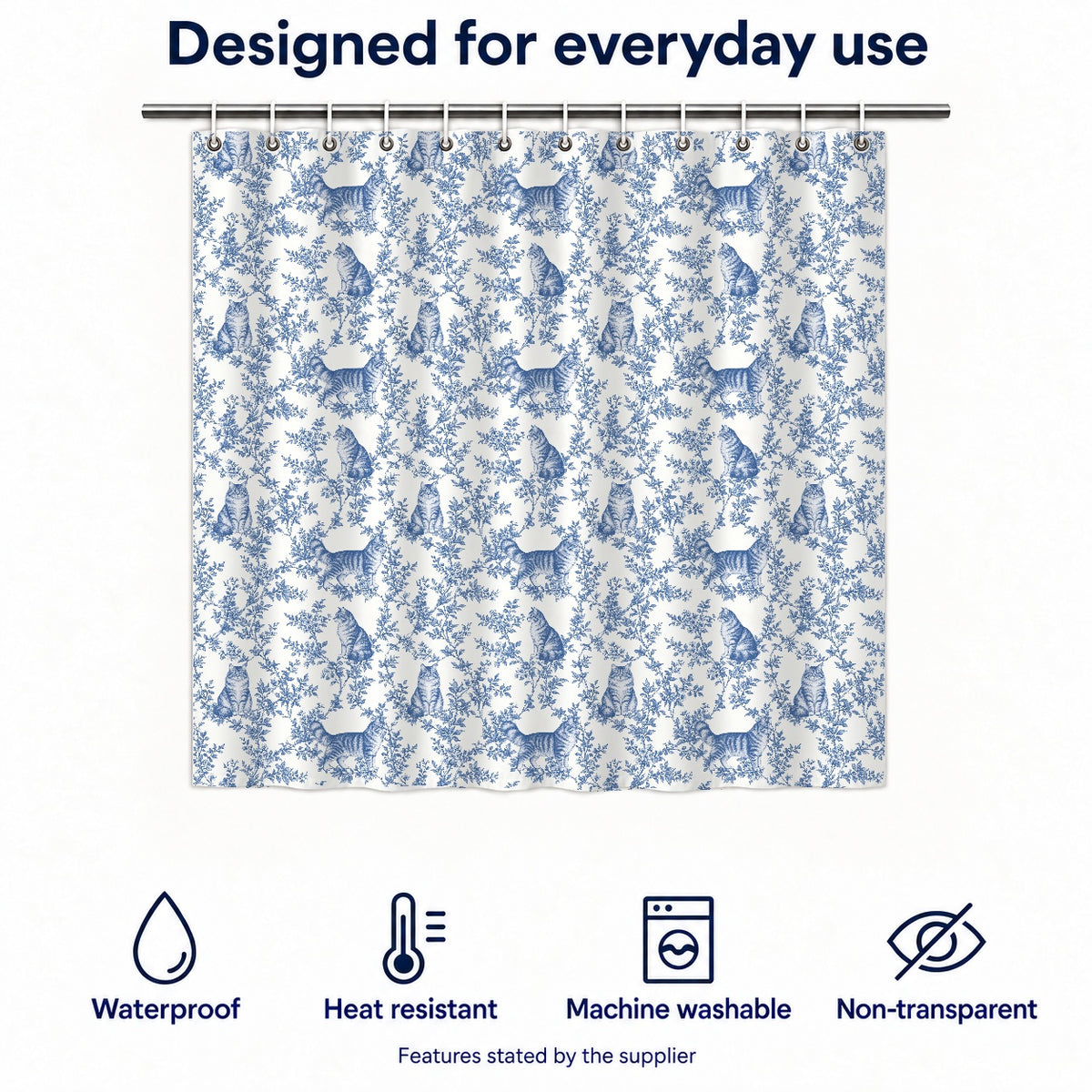 Domestic Longhair toile shower curtain — Blue Functions and Size
