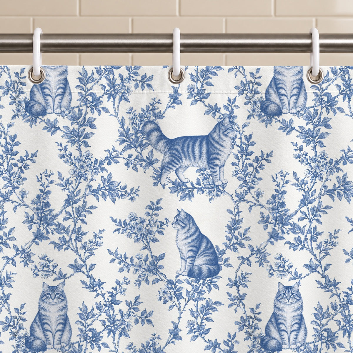 Domestic Longhair toile shower curtain — Blue Grommets and Hooks