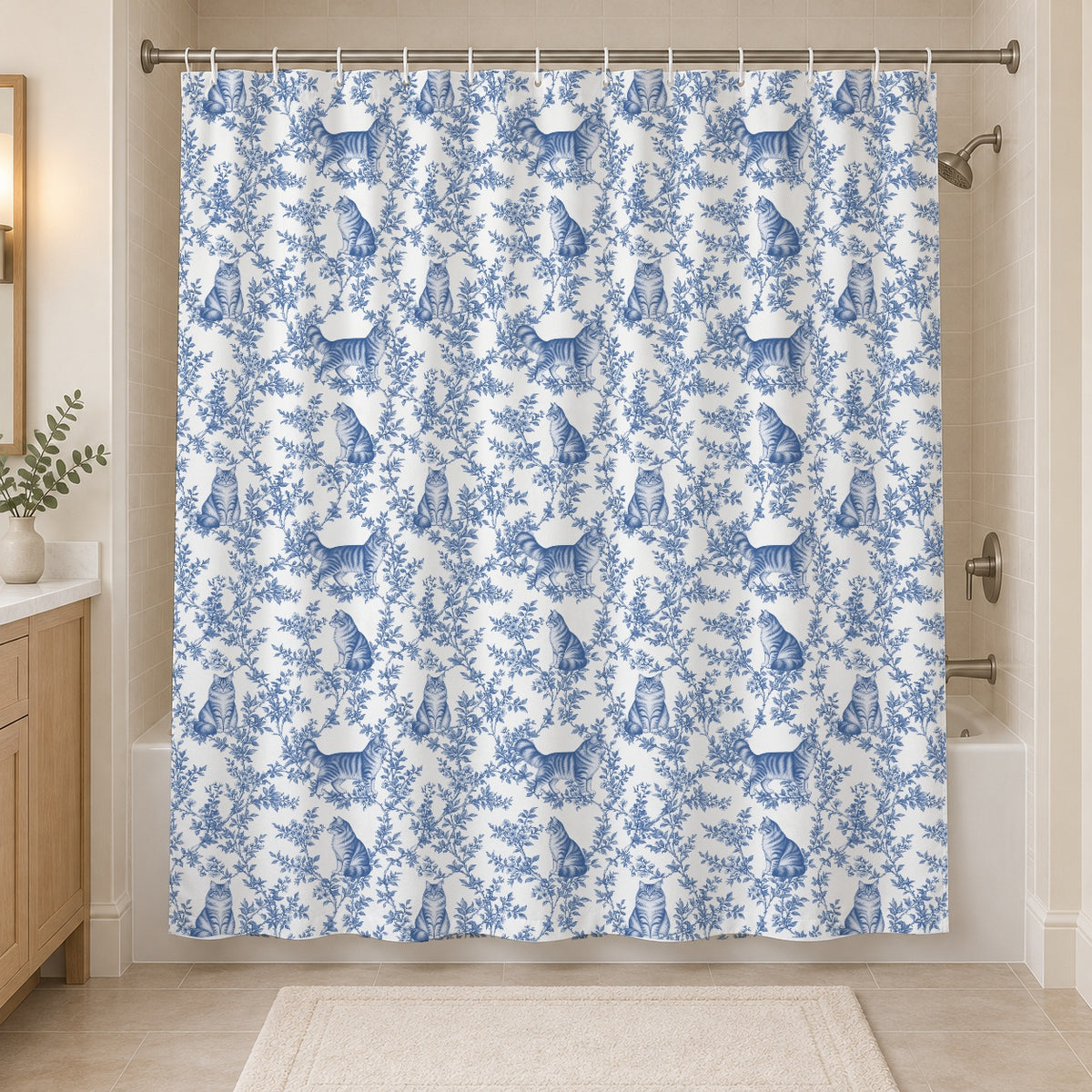 Domestic Longhair toile shower curtain — Blue Hero