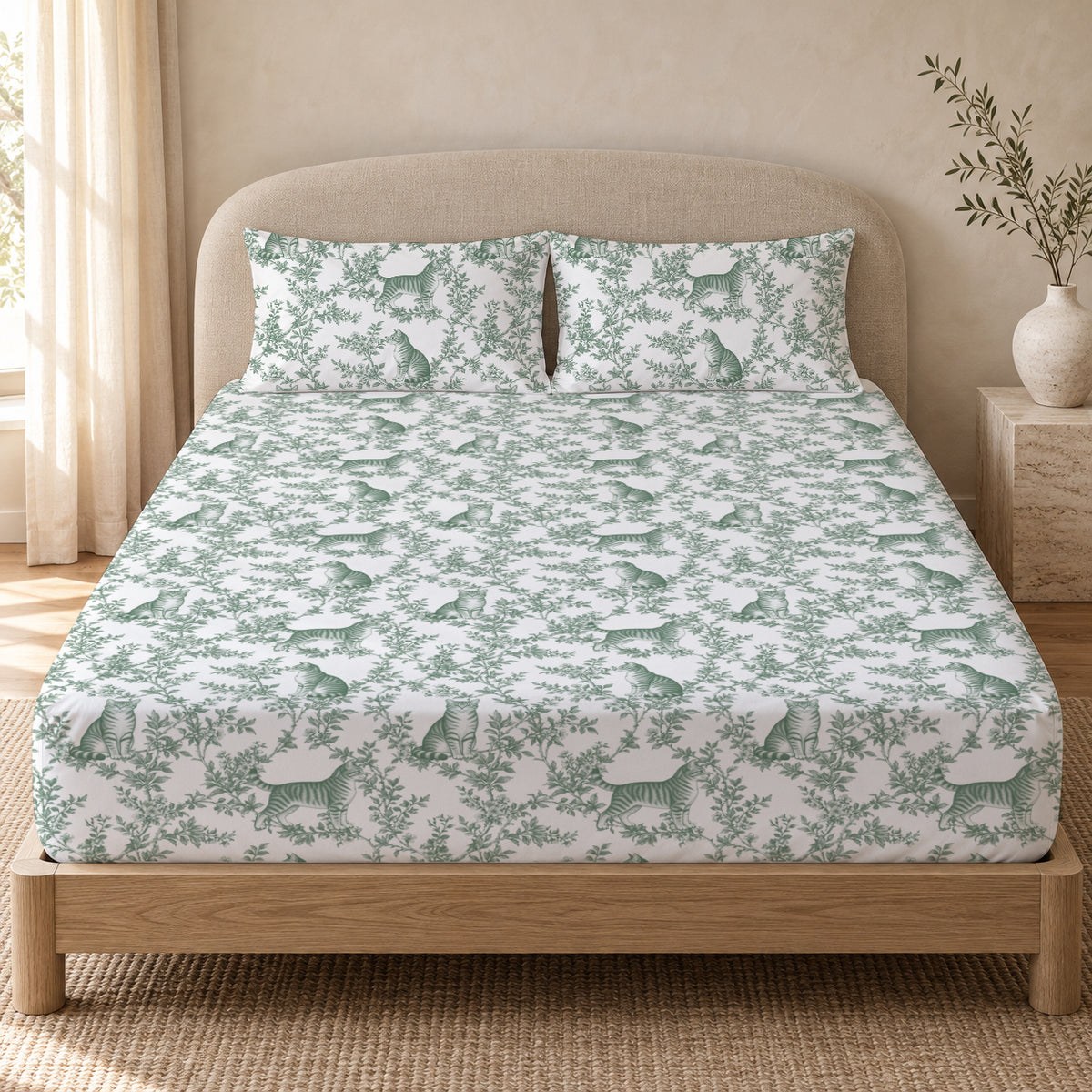 Domestic Shorthair toile bedding in Green — Queen Bedroom