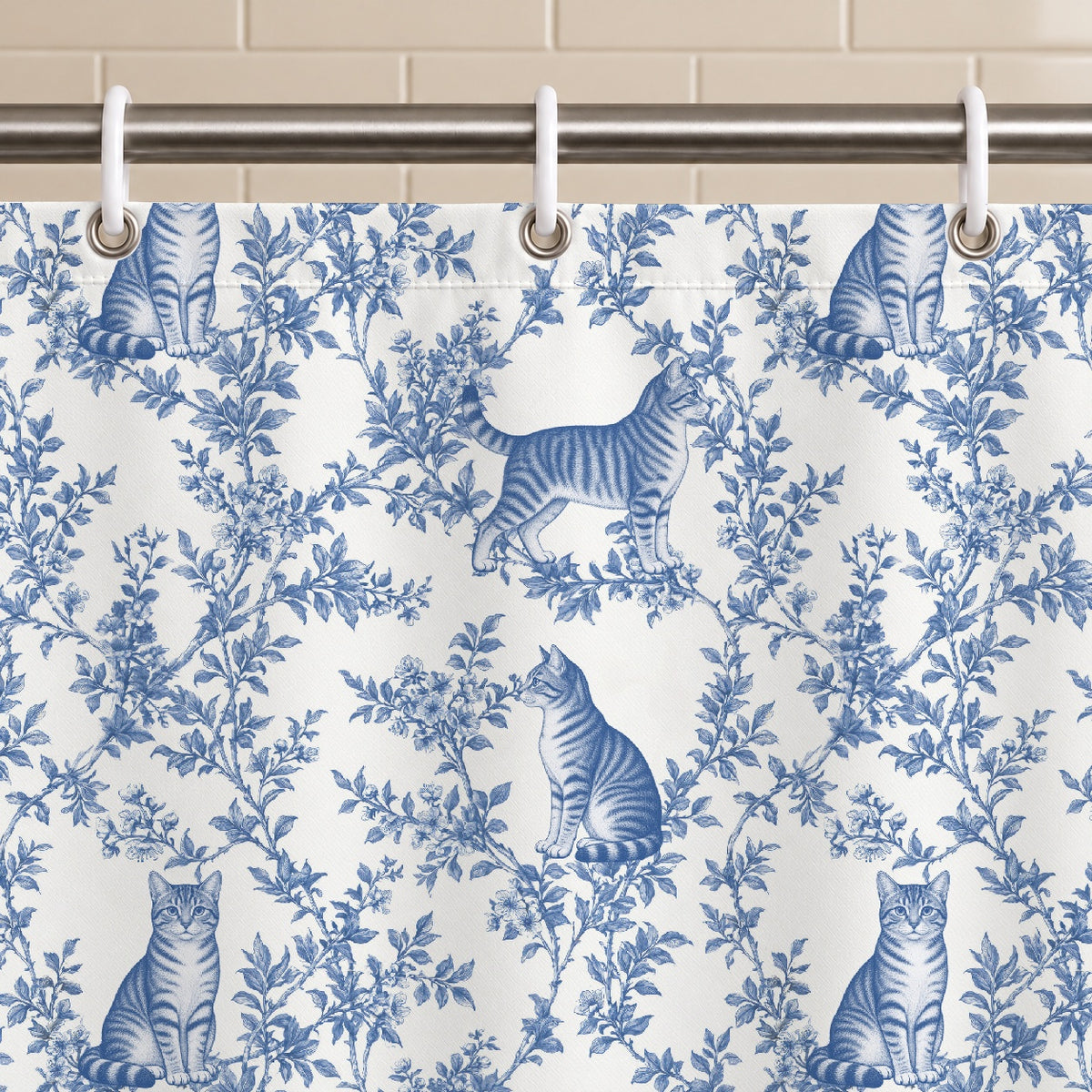 Domestic Shorthair toile shower curtain — Blue Grommets and Hooks