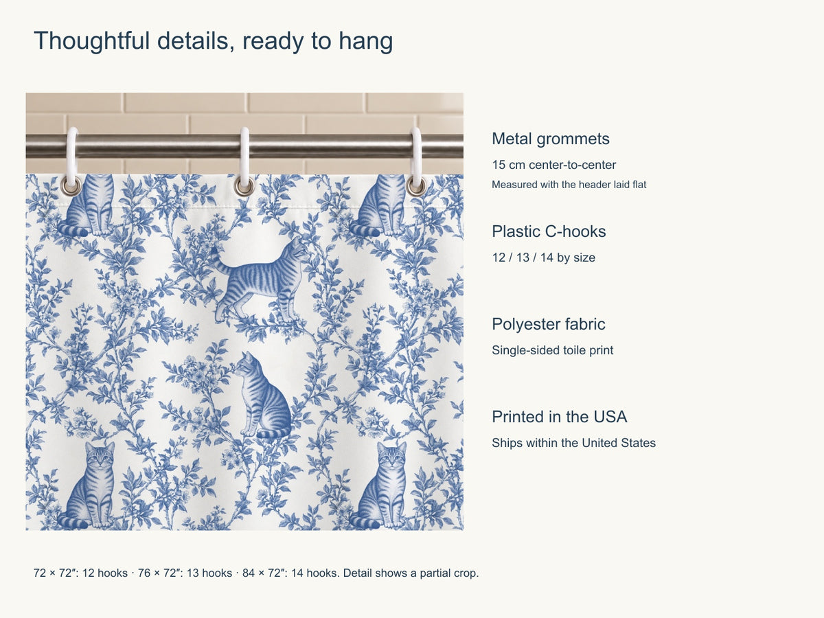 Domestic Shorthair toile shower curtain — Blue Product Features