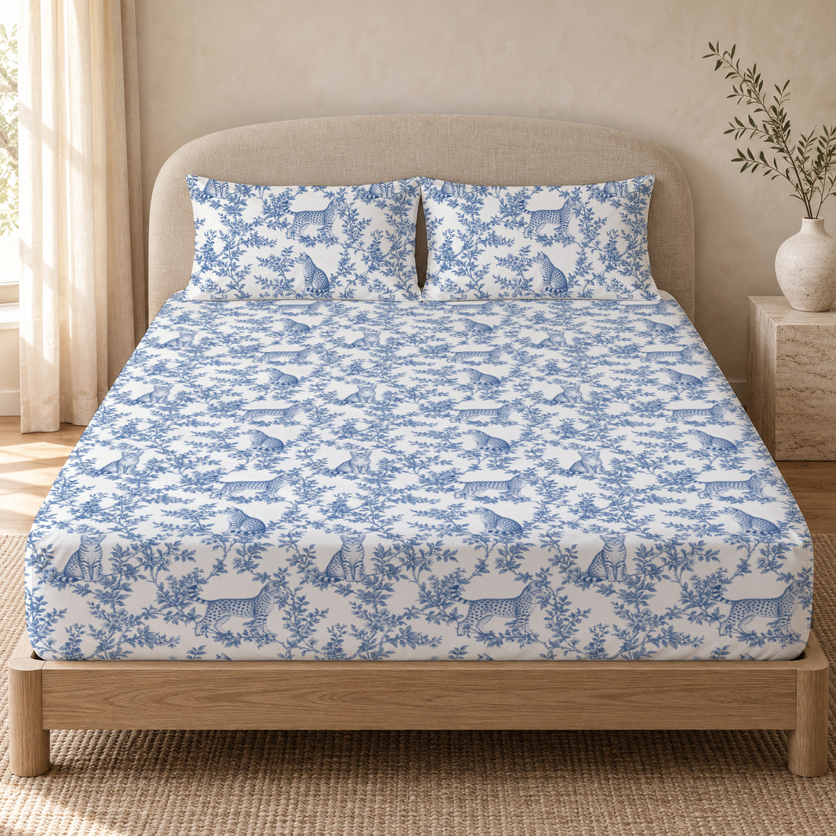 Egyptian Mau toile bedding in Blue — Queen Bedroom