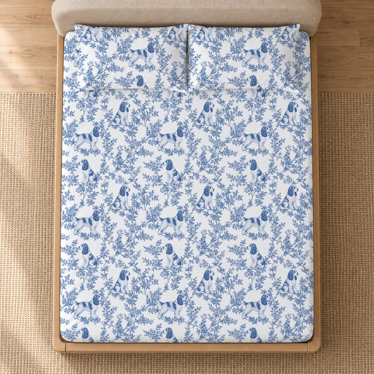 English Cocker Spaniel toile bedding in Blue — Overhead