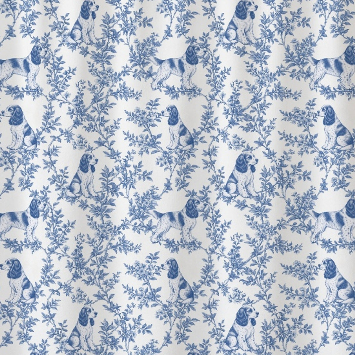 English Cocker Spaniel toile shower curtain — Blue Detail
