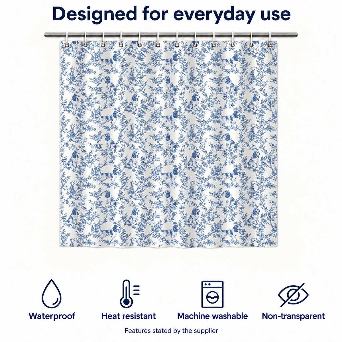 English Cocker Spaniel toile shower curtain — Blue Functions and Size