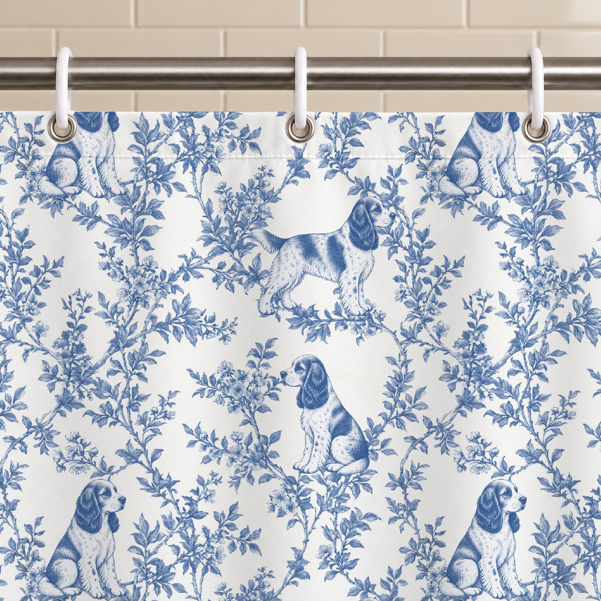 English Cocker Spaniel toile shower curtain — Blue Grommets and Hooks