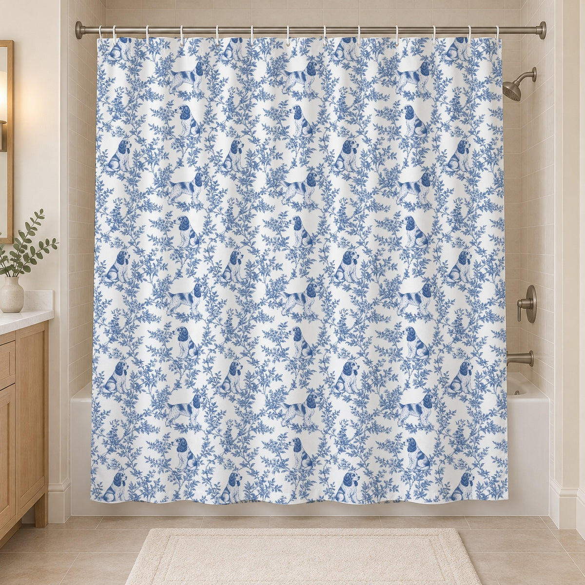 English Cocker Spaniel toile shower curtain — Blue Hero