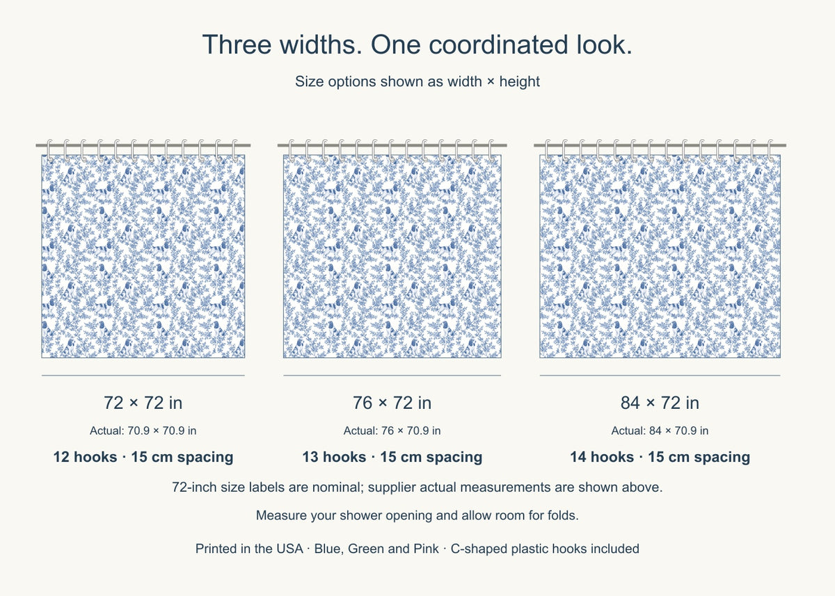 English Cocker Spaniel toile shower curtain — Blue US Size Comparison