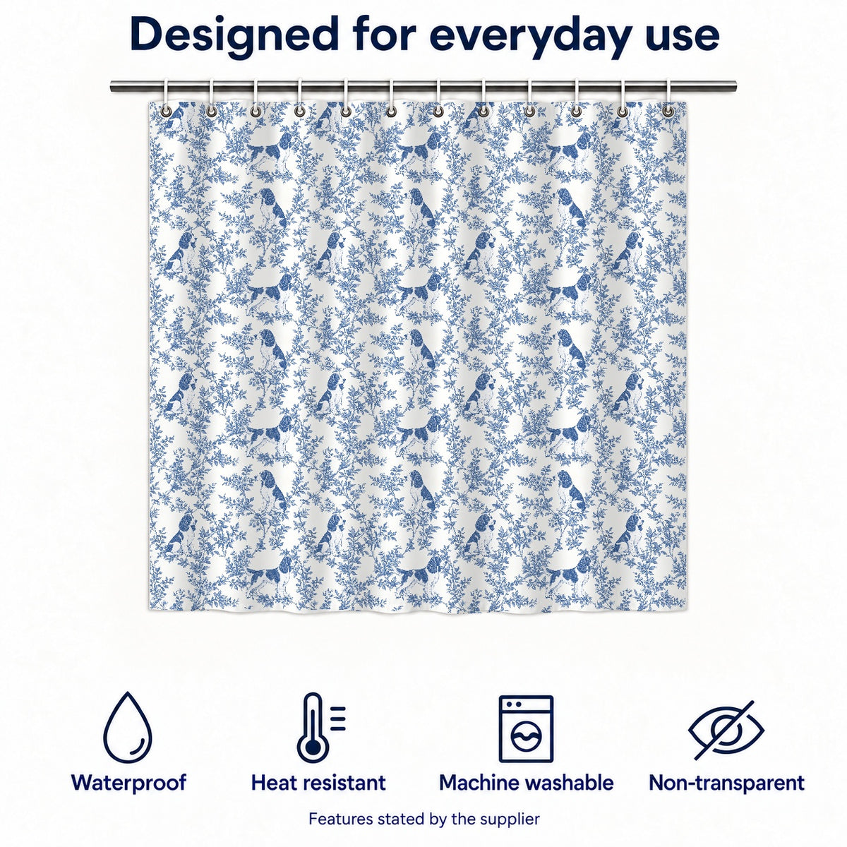 English Springer Spaniel toile shower curtain — Blue Functions and Size