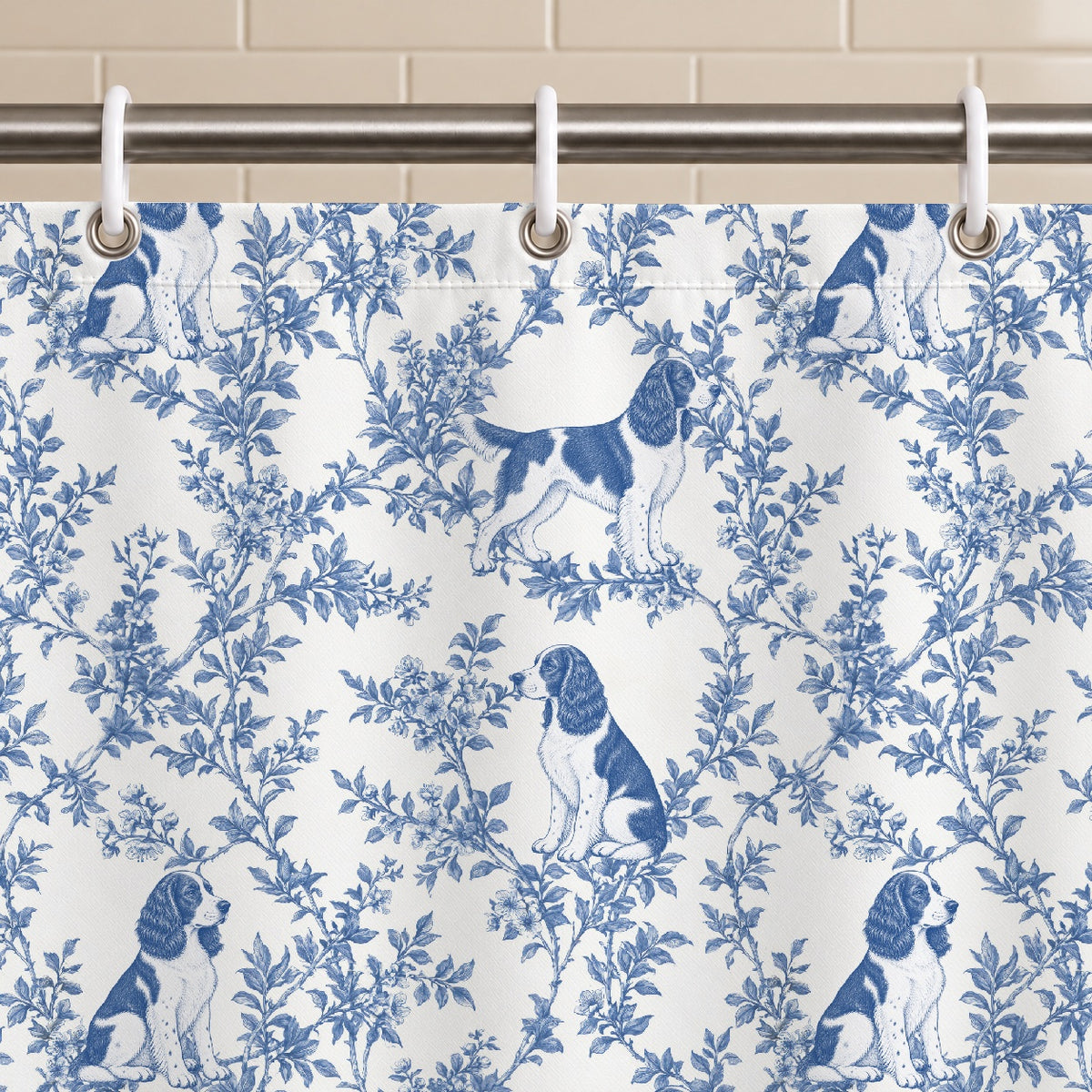 English Springer Spaniel toile shower curtain — Blue Grommets and Hooks