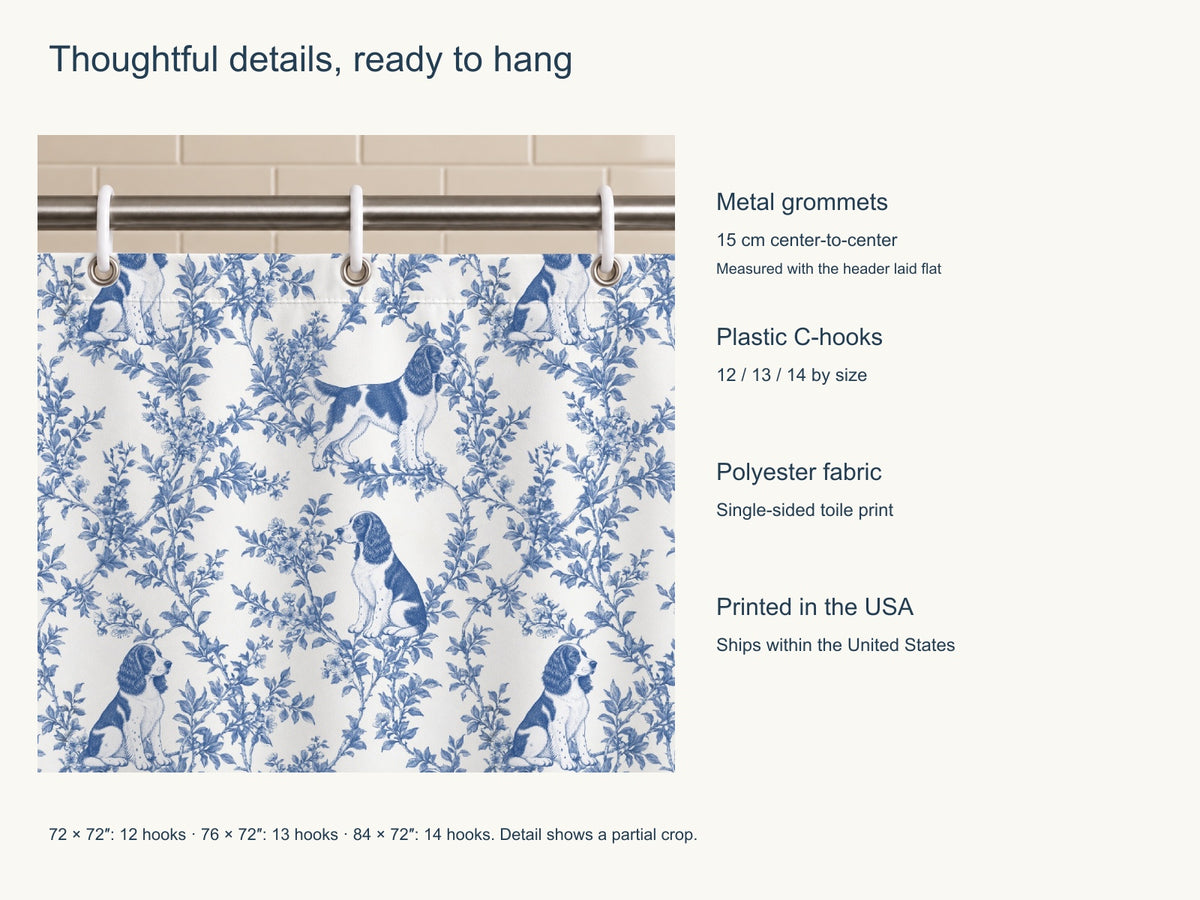 English Springer Spaniel toile shower curtain — Blue Product Features
