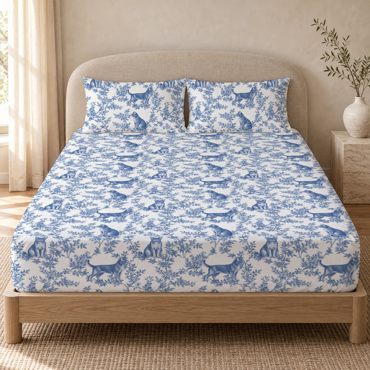 European Burmese toile bedding in Blue — Queen Bedroom