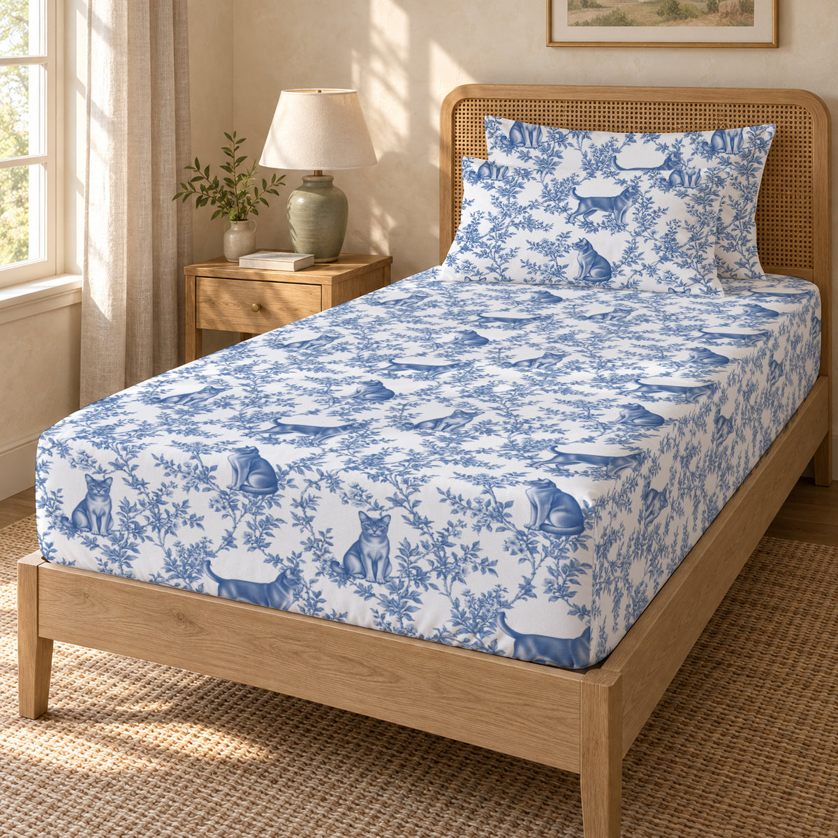 European Burmese toile bedding in Blue — Twin Guest Room