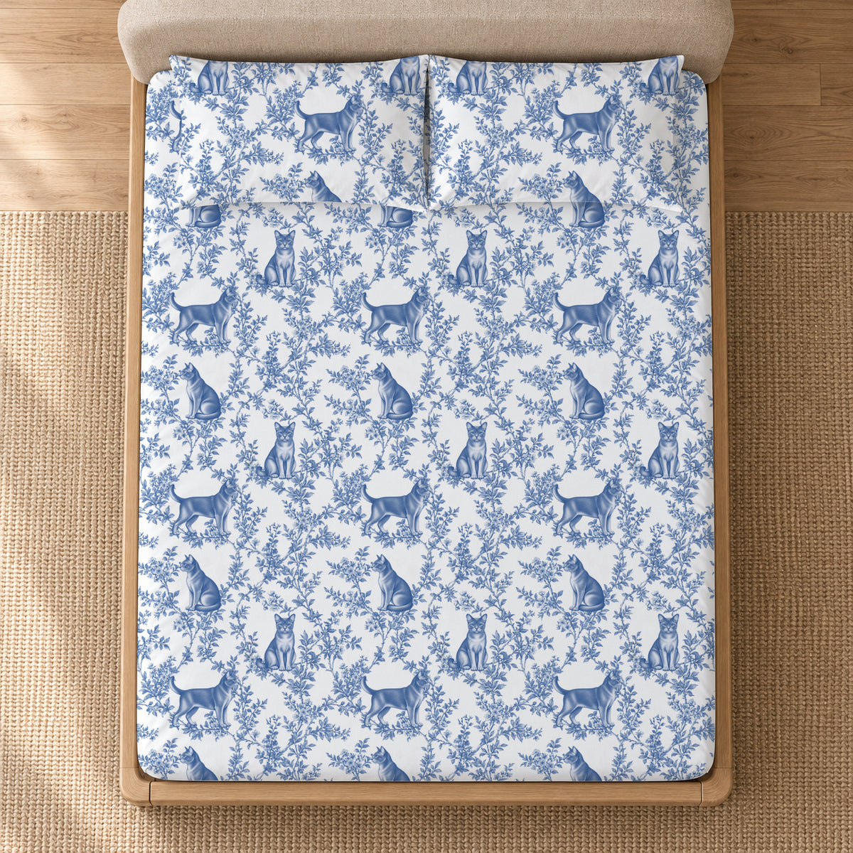 European Burmese toile bedding in Blue — Overhead