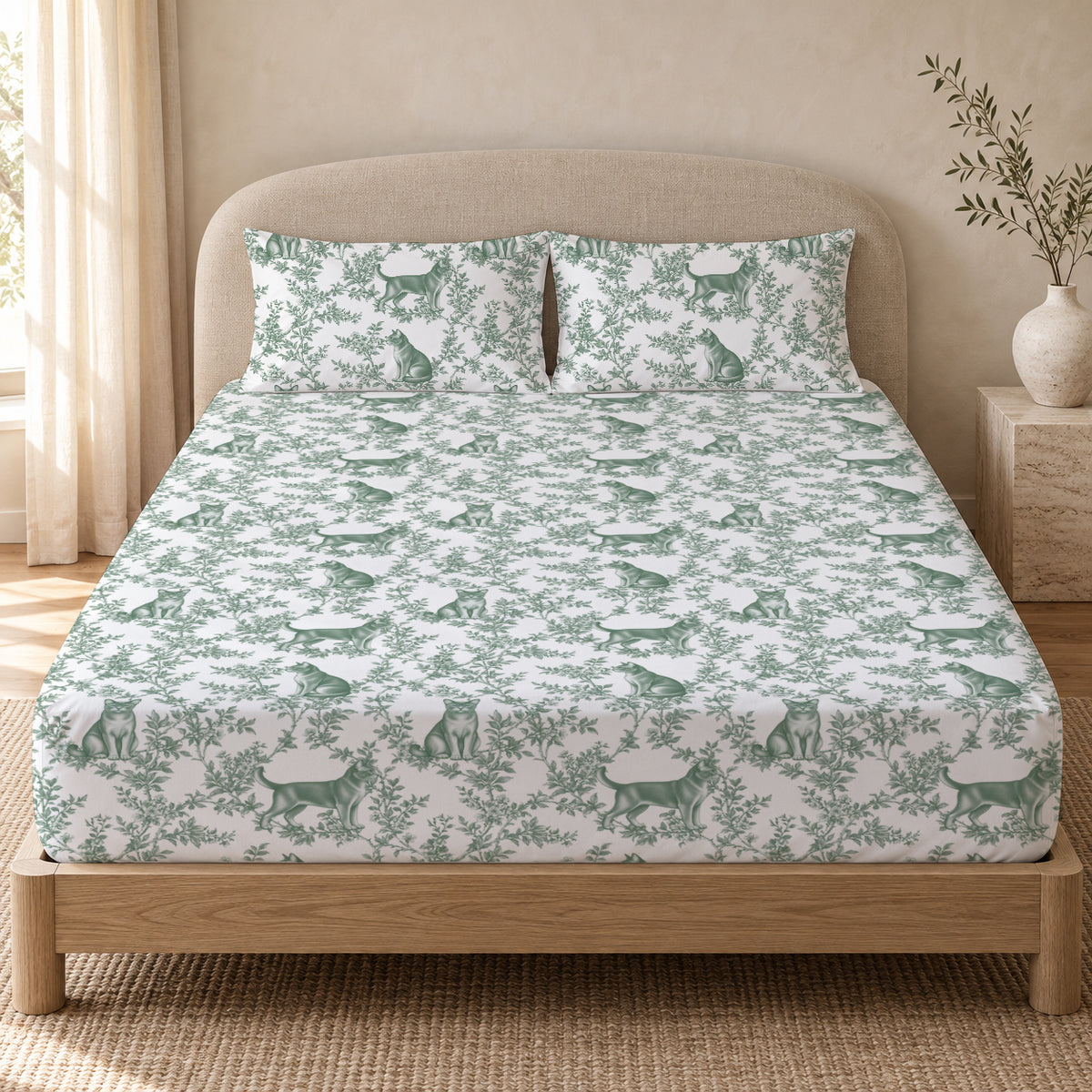 European Burmese toile bedding in Green — Queen Bedroom